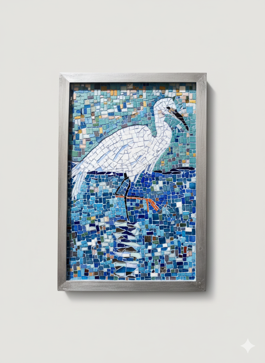 Handmade Mosaic Heron - Iridescent Glass Bird Artwork