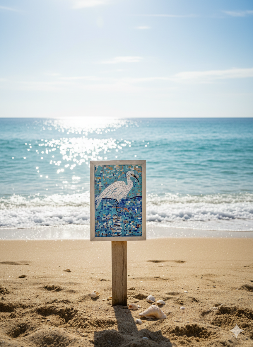 Handmade Mosaic Heron - Iridescent Glass Bird Artwork