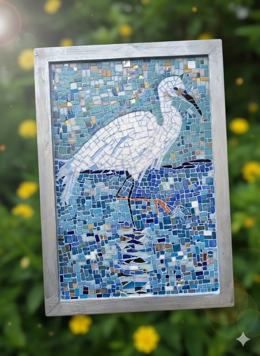 Handmade Mosaic Heron - Iridescent Glass Bird Artwork