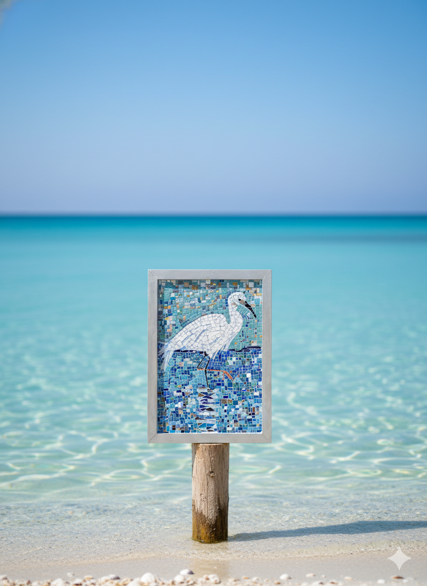 Handmade Mosaic Heron - Iridescent Glass Bird Artwork