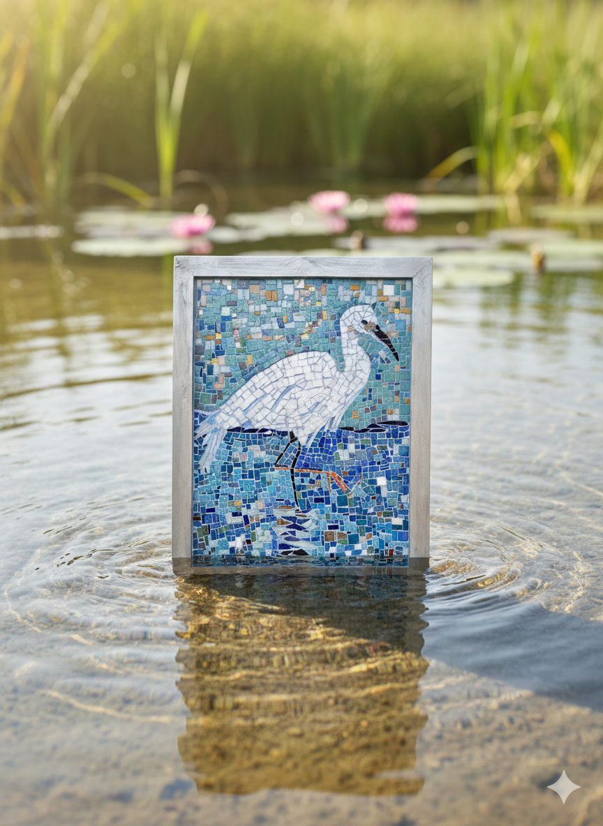Handmade Mosaic Heron - Iridescent Glass Bird Artwork