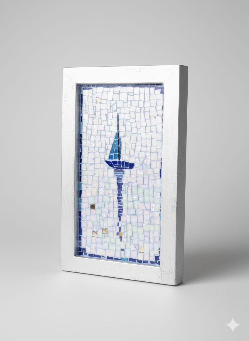 Iridescent Mosaic Sailboat – Handmade Nautical Wall Art – Glass & Smalti Mosaic on Wood Frame