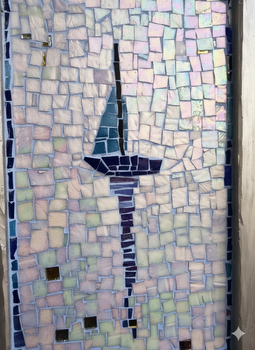 Iridescent Mosaic Sailboat – Handmade Nautical Wall Art – Glass & Smalti Mosaic on Wood Frame