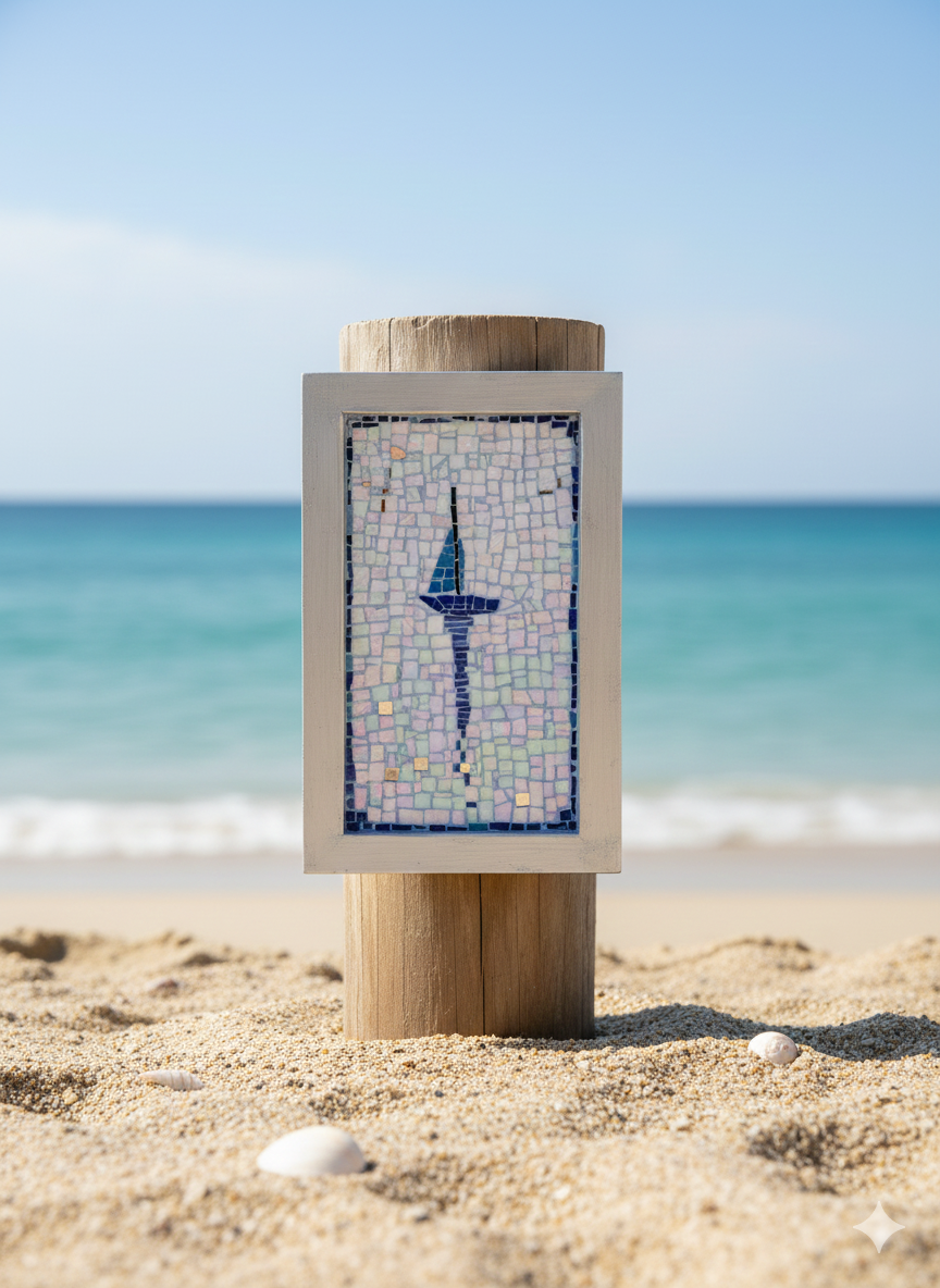 Iridescent Mosaic Sailboat – Handmade Nautical Wall Art – Glass & Smalti Mosaic on Wood Frame