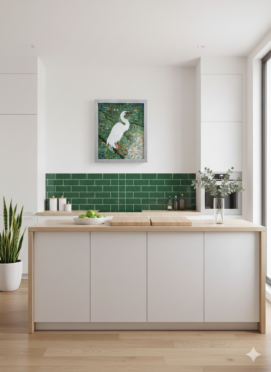 Handmade Mosaic Heron – Large Glass Wall Art