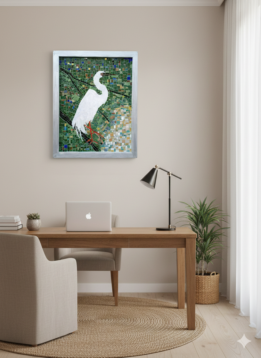 Handmade Mosaic Heron – Large Glass Wall Art