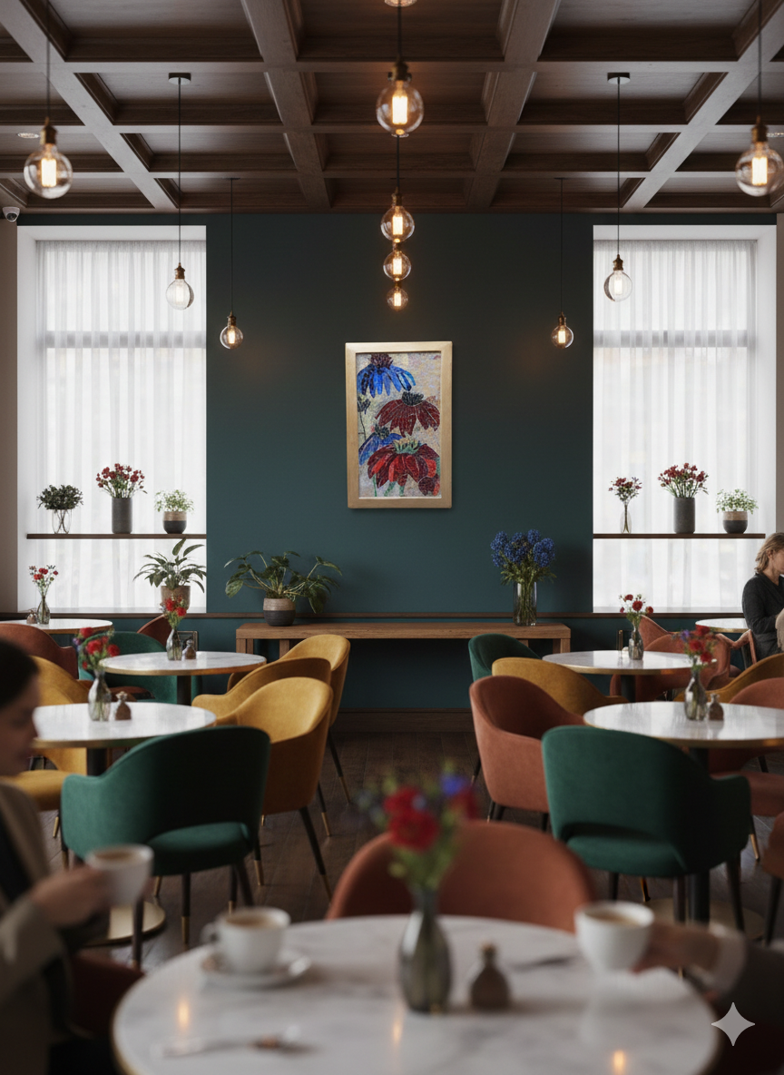 Three Flowers in Bloom.Hand made mosaic.Glass mosaic. Wall art