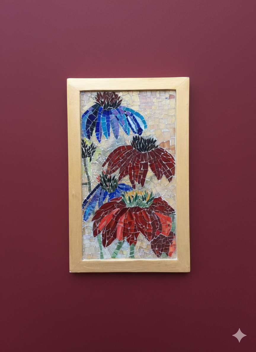 Three Flowers in Bloom.Hand made mosaic.Glass mosaic. Wall art