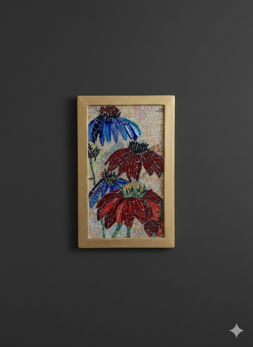 Three Flowers in Bloom.Hand made mosaic.Glass mosaic. Wall art