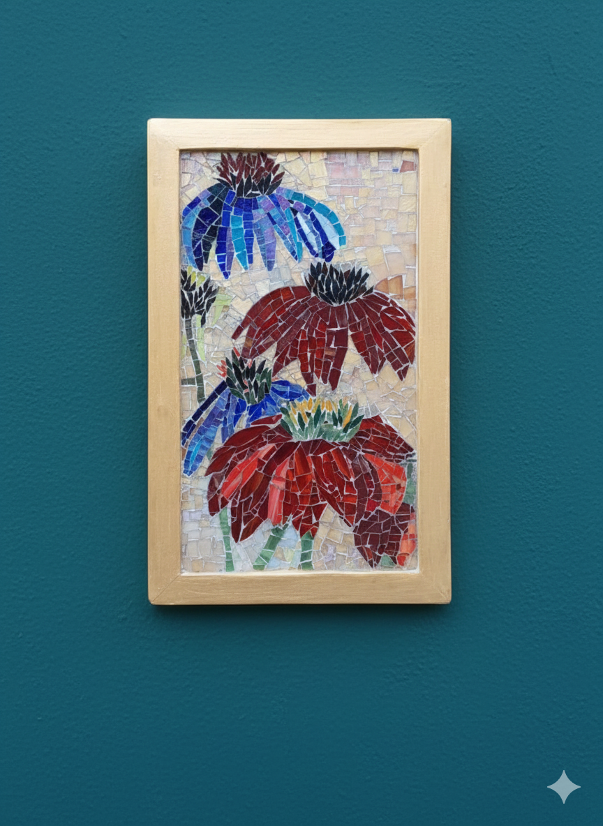 Three Flowers in Bloom.Hand made mosaic.Glass mosaic. Wall art