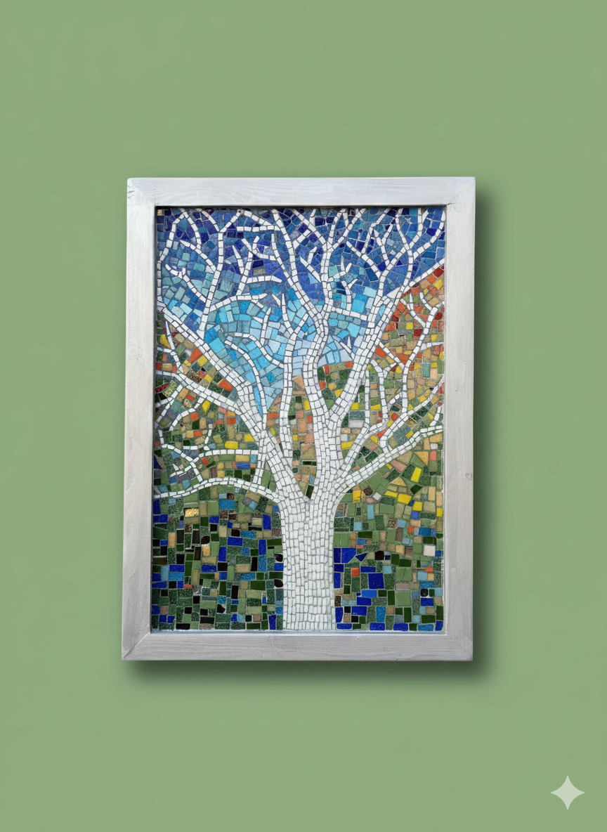 White Tree Mosaic – Handmade Stained Glass Wall Art – Colorful Landscape Mosaic – Contemporary Art Decor – One-of-a-Kind Artwork”