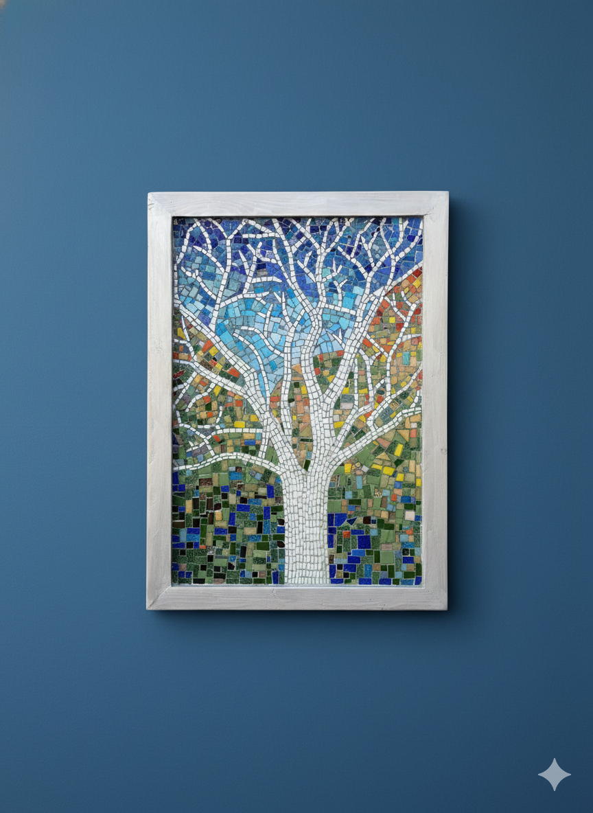 White Tree Mosaic – Handmade Stained Glass Wall Art – Colorful Landscape Mosaic – Contemporary Art Decor – One-of-a-Kind Artwork”