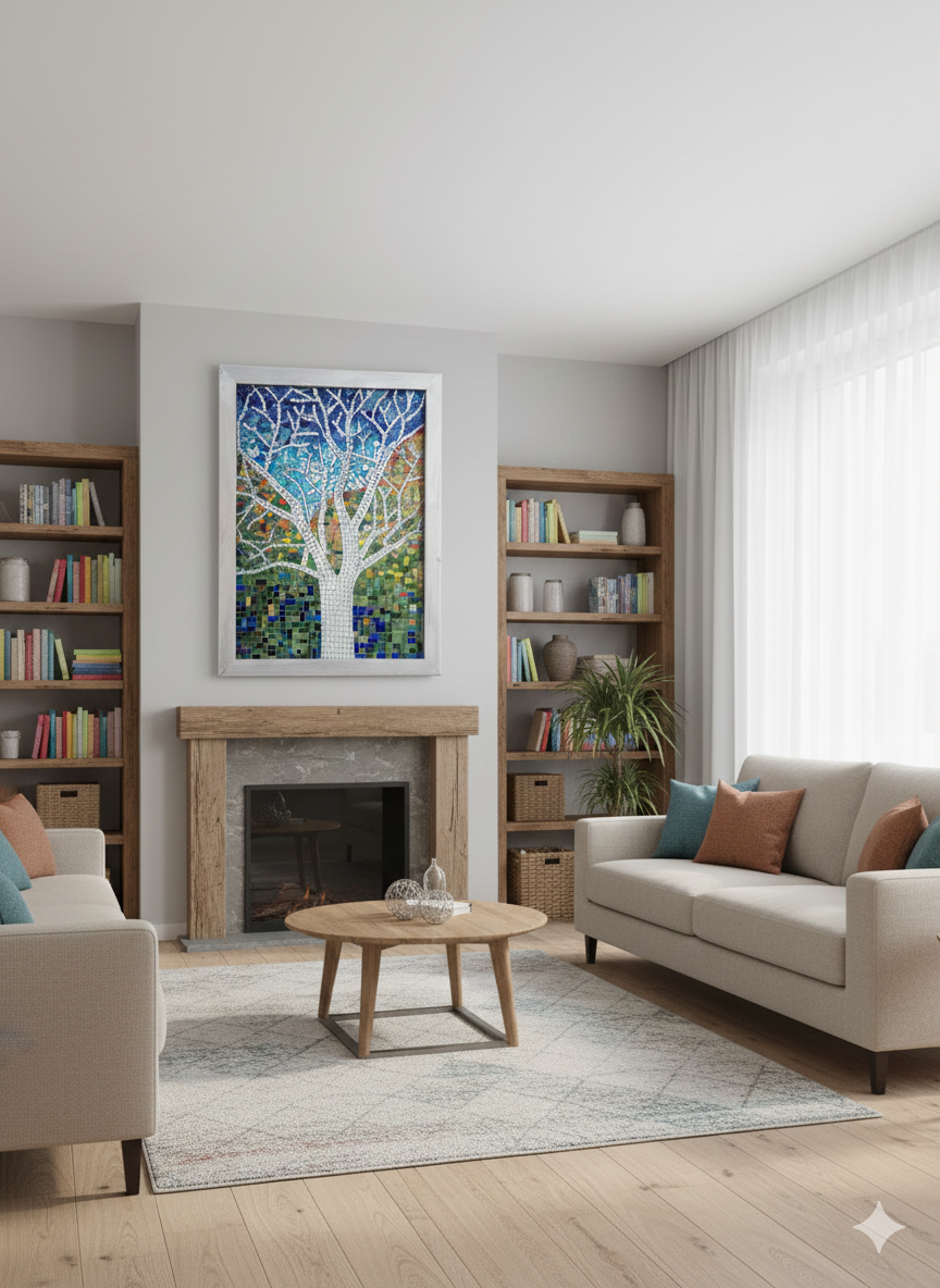 White Tree Mosaic – Handmade Stained Glass Wall Art – Colorful Landscape Mosaic – Contemporary Art Decor – One-of-a-Kind Artwork”