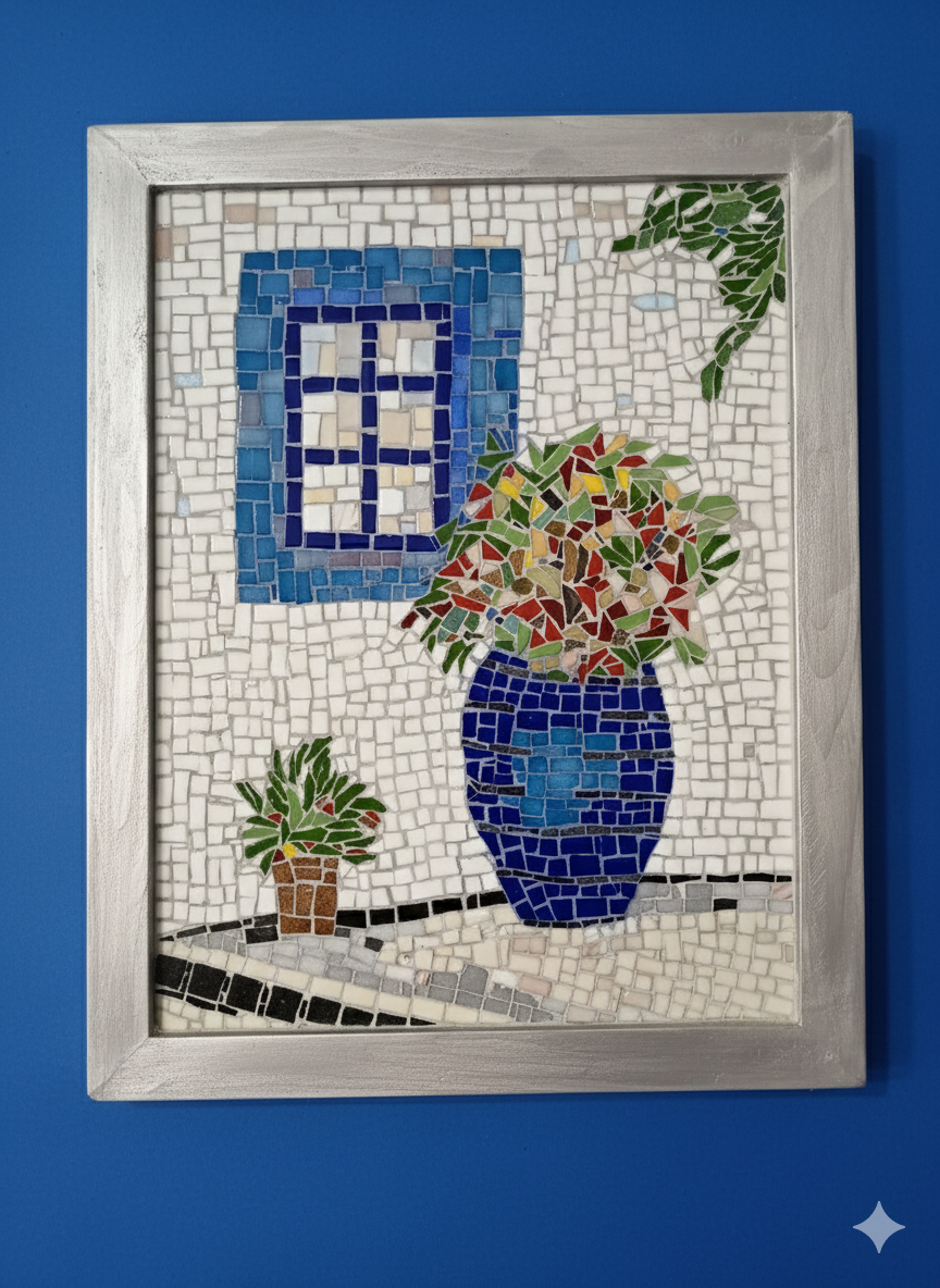 Greek Window Mosaic Wall Art-Blue Vase with Flowers -Handmade Ceramic&Glass Mosaic