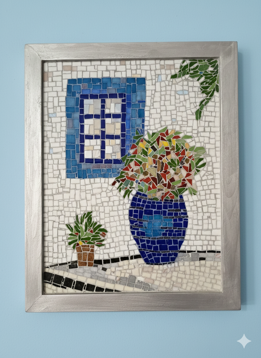 Greek Window Mosaic Wall Art-Blue Vase with Flowers -Handmade Ceramic&Glass Mosaic