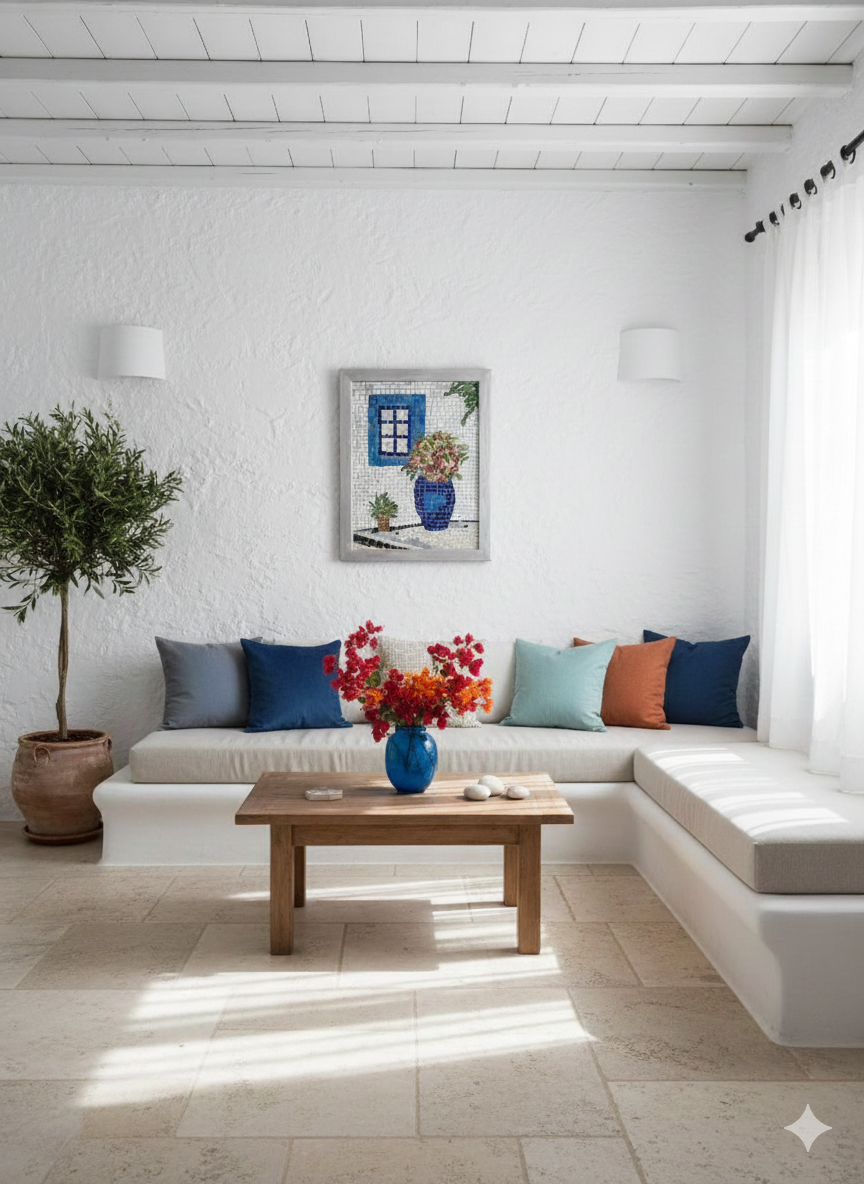 Greek Window Mosaic Wall Art-Blue Vase with Flowers -Handmade Ceramic&Glass Mosaic