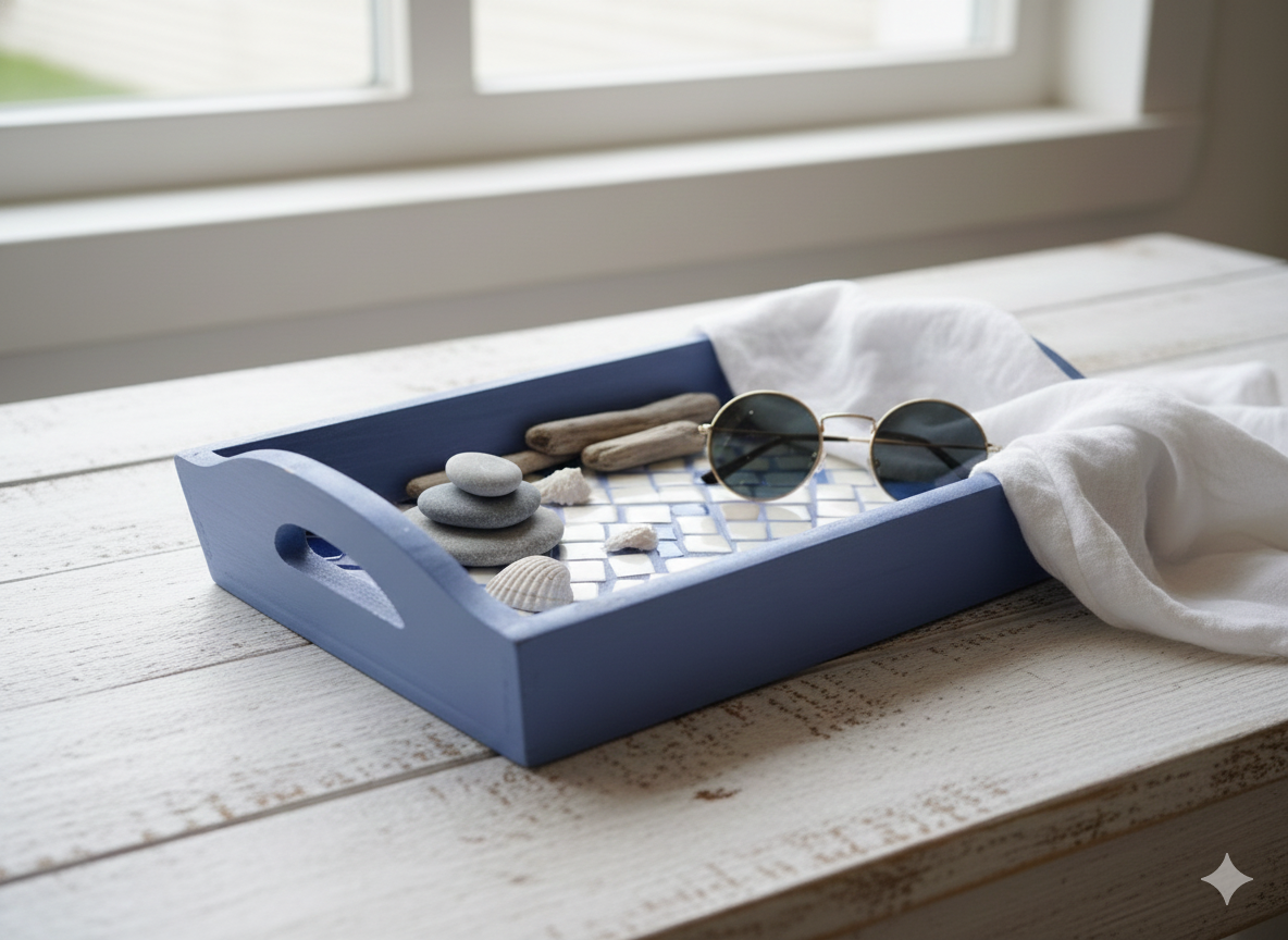 Handmade Mosaic Serving Tray – Blue & White Greek Design – Wooden Tray