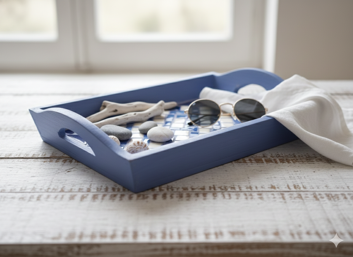 Handmade Mosaic Serving Tray – Blue & White Greek Design – Wooden Tray
