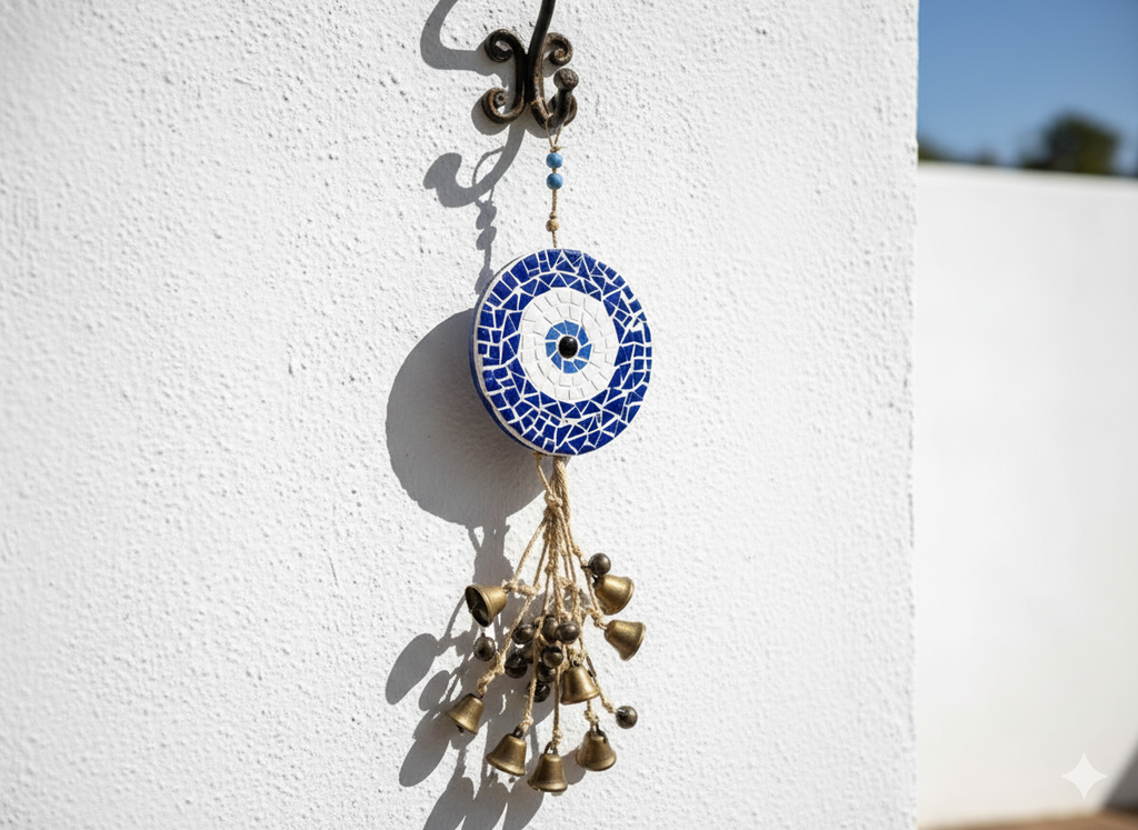 Evil Eye Wall Hanging – Handmade Mosaic Charm – Blue & White – 60cm