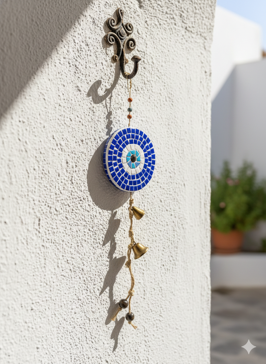 Evil Eye Wall Hanging – Handmade Mosaic – Blue & White – 15cm – 56cm