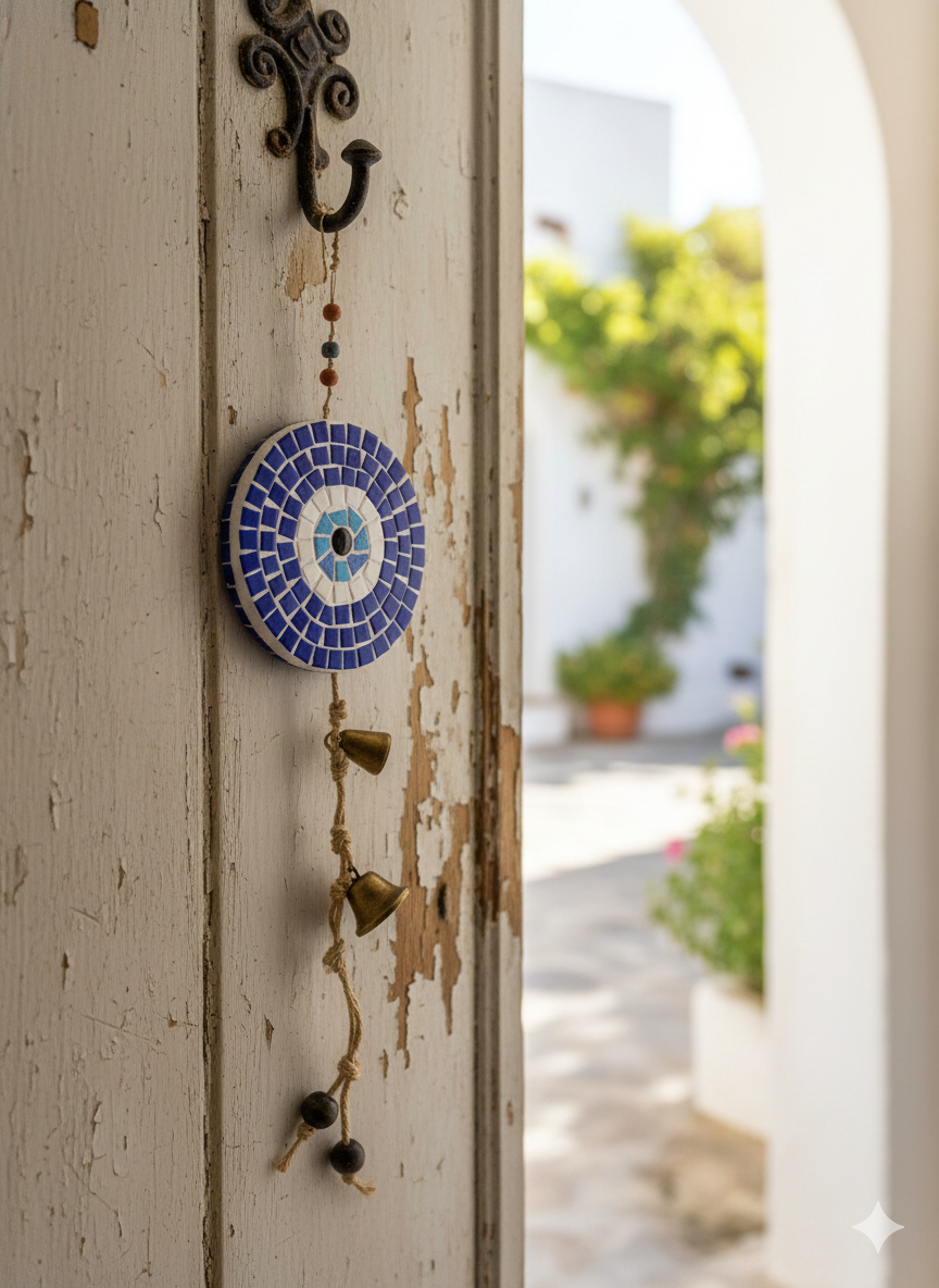 Evil Eye Wall Hanging – Handmade Mosaic – Blue & White – 15cm – 56cm