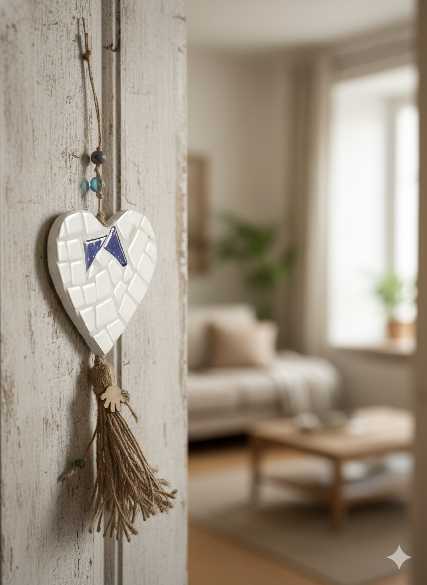 Heart Wall Hanging – Handmade Mosaic – White & Blue – 10cm – 30cm