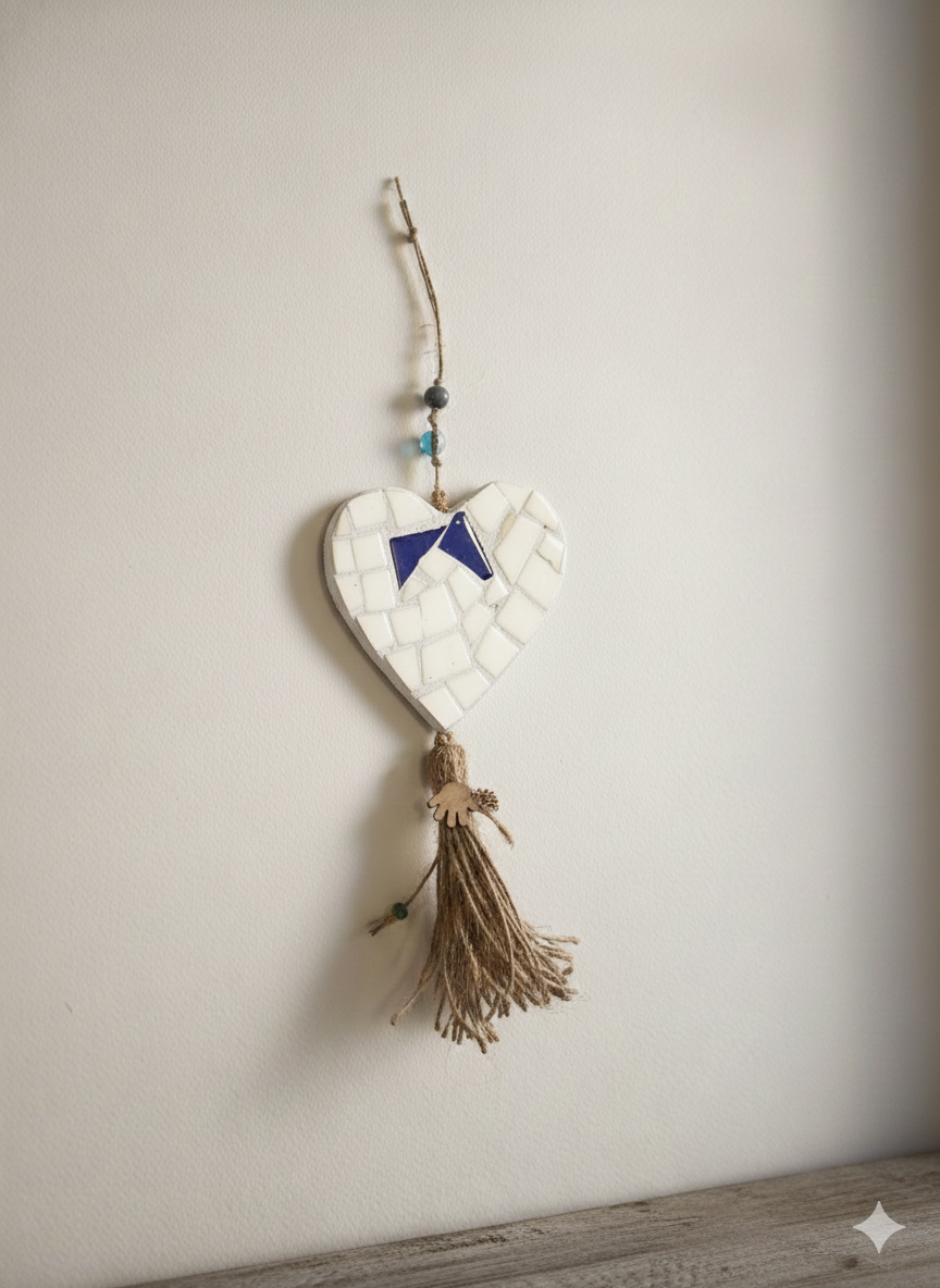 Heart Wall Hanging – Handmade Mosaic – White & Blue – 10cm – 30cm