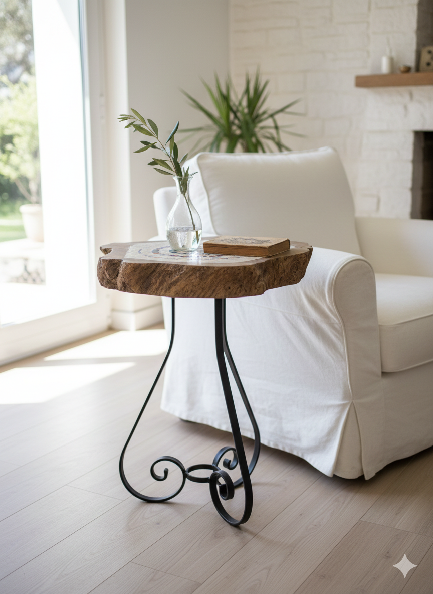 Handmade Mosaic Table – Olive Wood & Wrought Iron – Glass Mosaic Art – 38x30cm – Rustic Mediterranean Decor