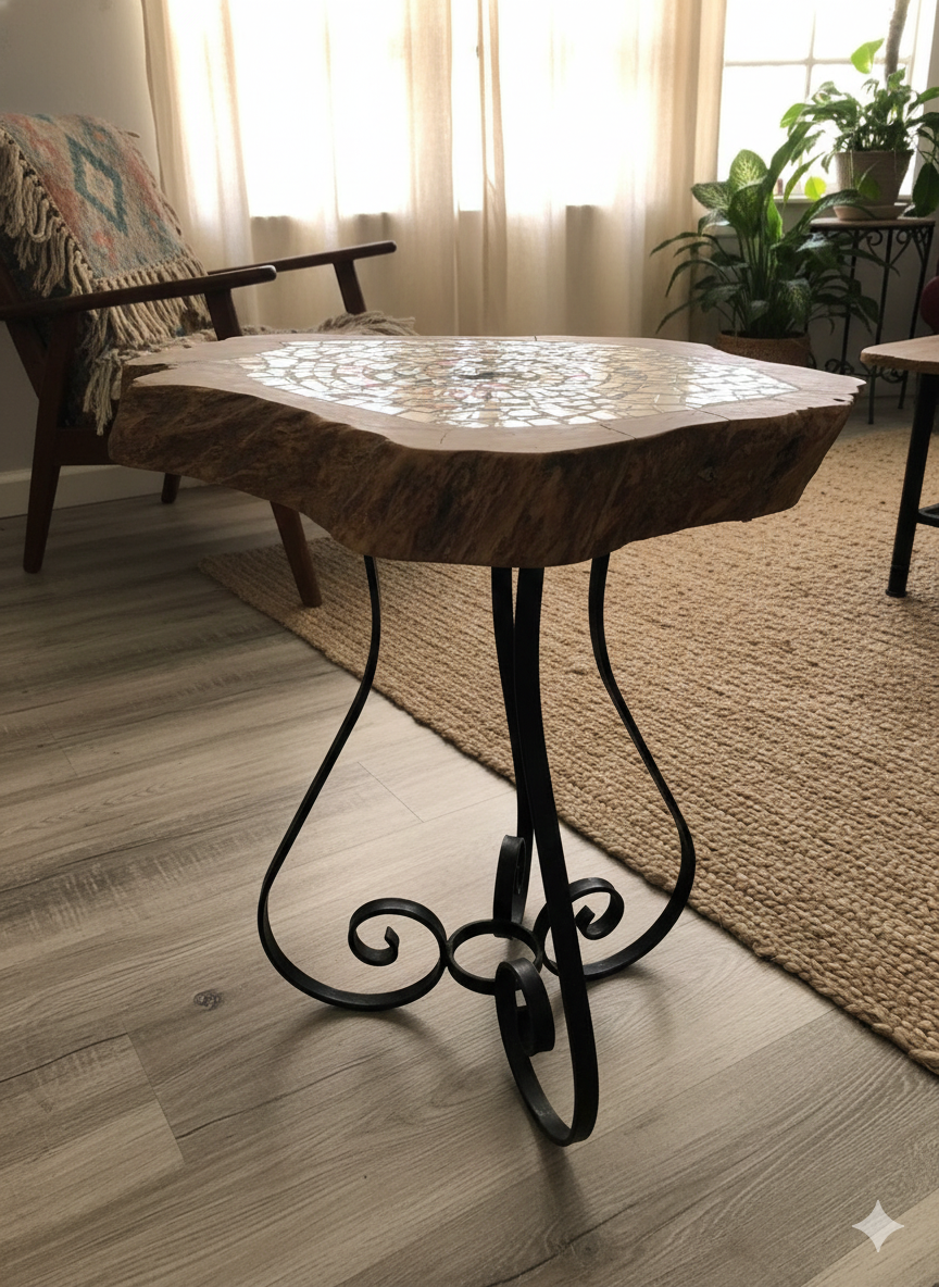 Handmade Mosaic Table – Olive Wood & Wrought Iron – Glass Mosaic Art – 38x30cm – Rustic Mediterranean Decor