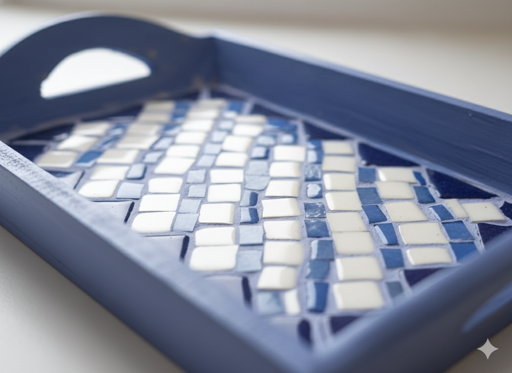 Handmade Mosaic Serving Tray – Blue & White Greek Design – Wooden Tray