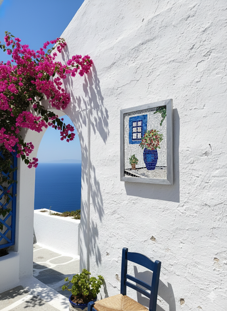 Greek Window Mosaic Wall Art-Blue Vase with Flowers -Handmade Ceramic&Glass Mosaic