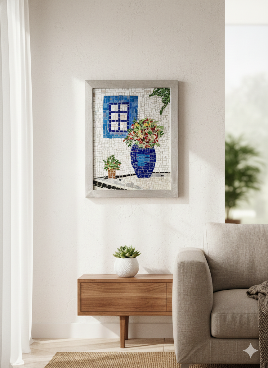 Greek Window Mosaic Wall Art-Blue Vase with Flowers -Handmade Ceramic&Glass Mosaic