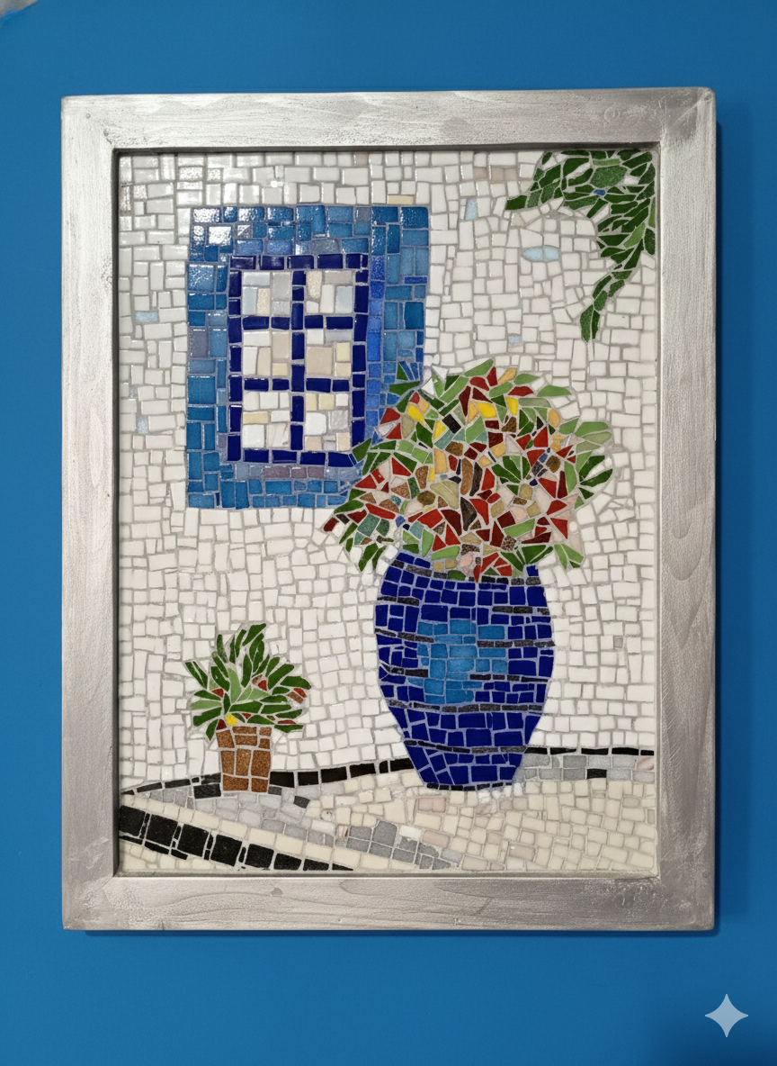 Greek Window Mosaic Wall Art-Blue Vase with Flowers -Handmade Ceramic&Glass Mosaic
