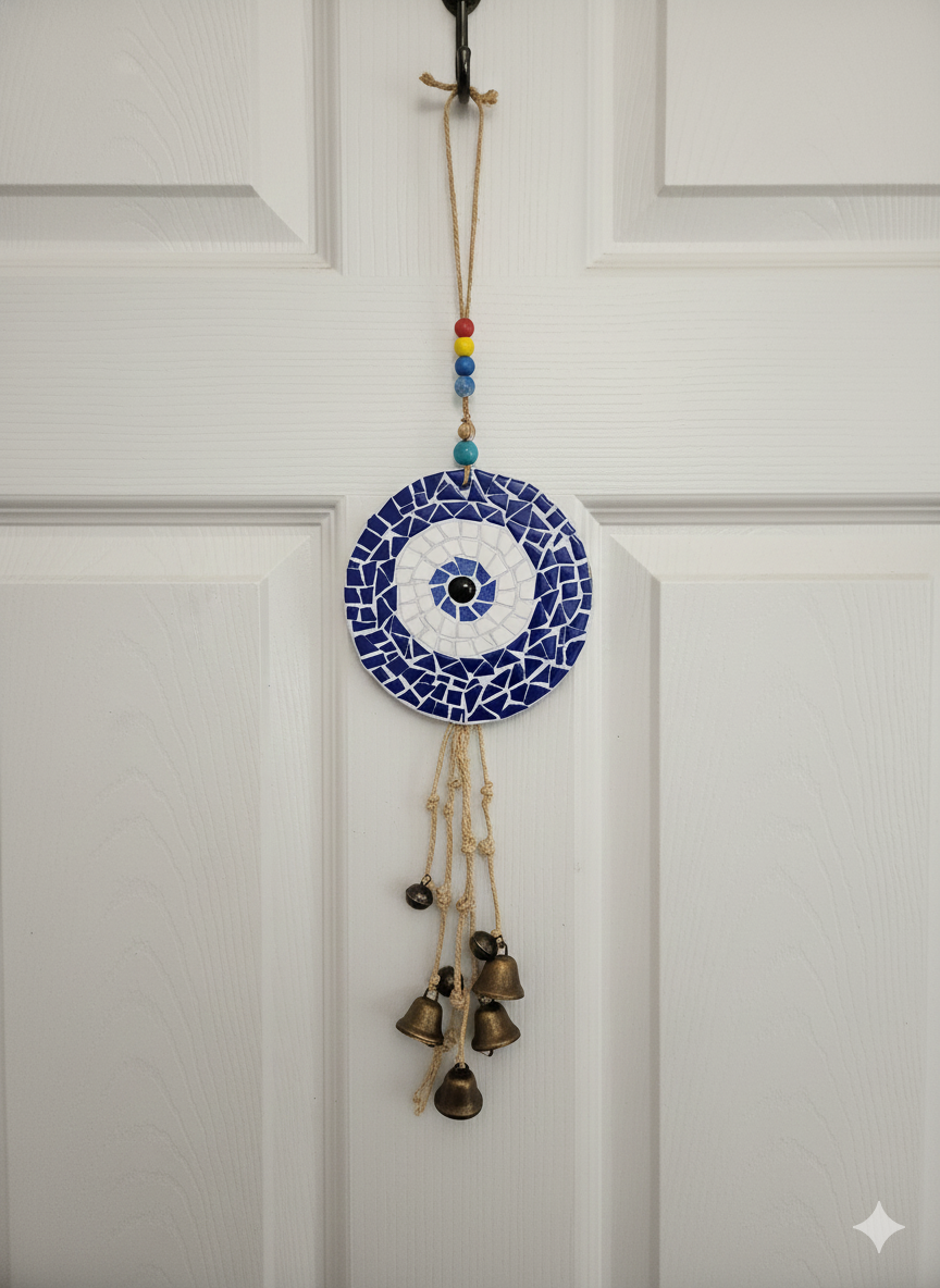 Evil Eye Wall Hanging – Handmade Mosaic – Blue & White – 15cm – 56cm
