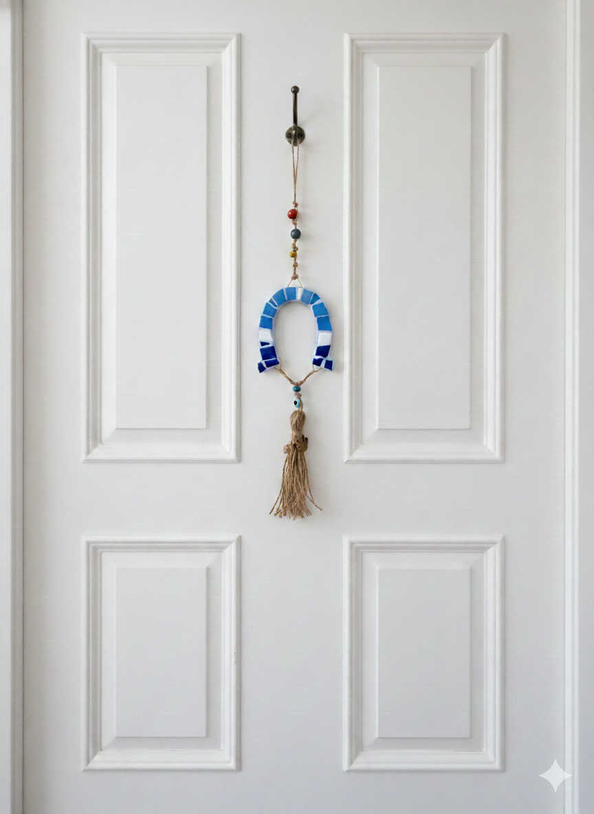Horseshoe Wall Hanging – Handmade Mosaic – Blue – Evil Eye