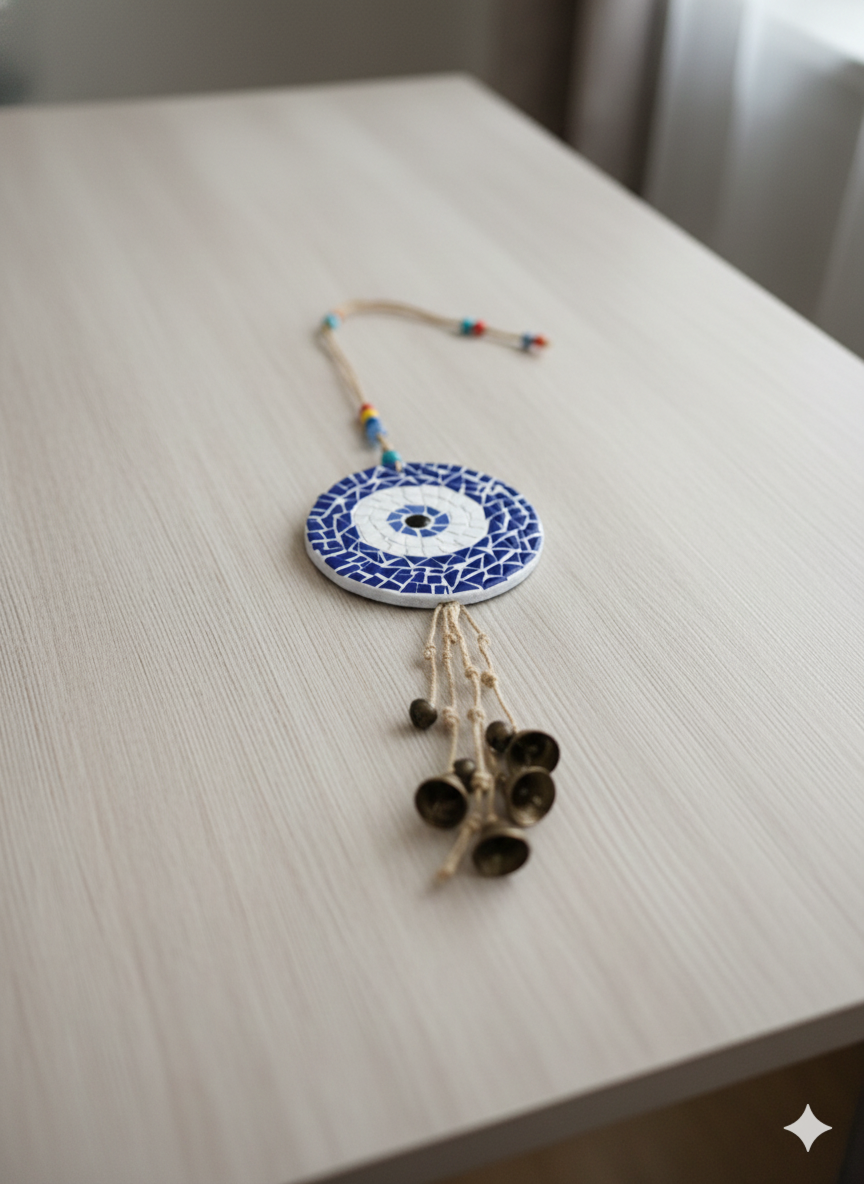Evil Eye Wall Hanging – Handmade Mosaic – Blue & White – 15cm – 56cm