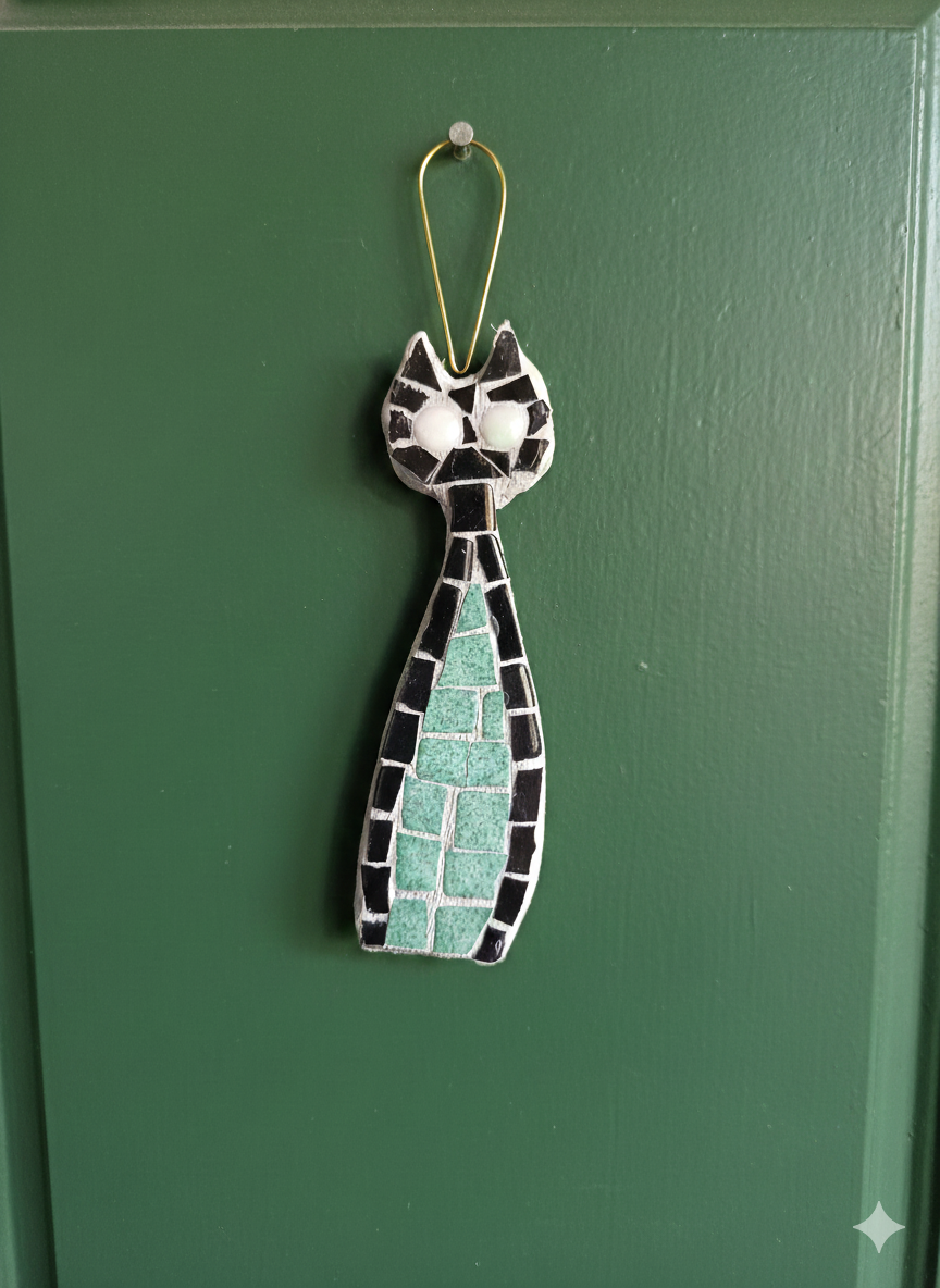 Glass Mosaic Cat Ornament - Turquoise & Black