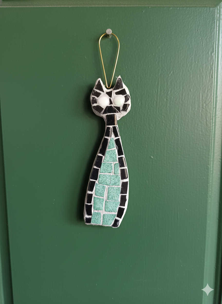 Glass Mosaic Cat Ornament - Turquoise & Black