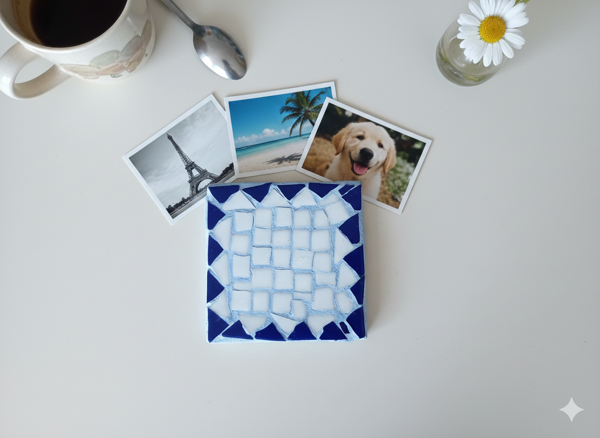 Glass Mosaic Coaster - Blue & White Pattern