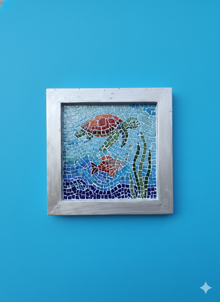 Glass Mosaic Sea Turtle Wall Art - Framed Ocean Scene