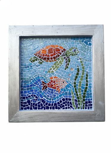 Glass Mosaic Sea Turtle Wall Art - Framed Ocean Scene