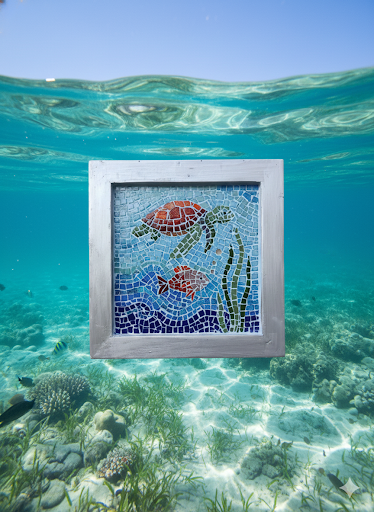 Glass Mosaic Sea Turtle Wall Art - Framed Ocean Scene