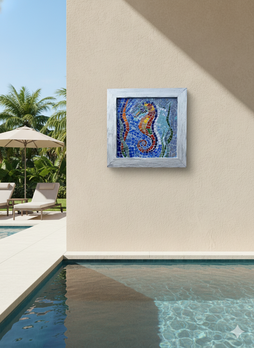 Handmade Glass Mosaic Wall Art - Seahorse