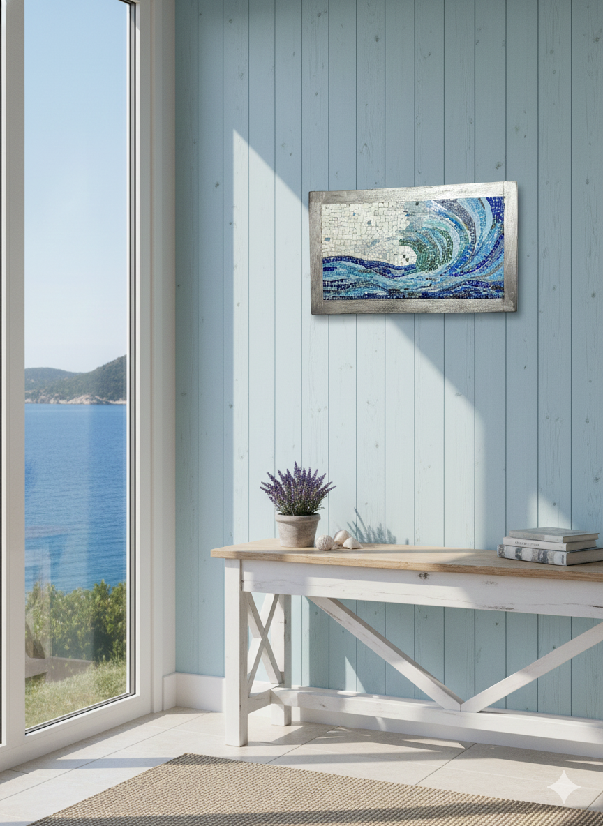 Ocean Wave Mosaic Wall Art - Handcrafted Mediterranean Seascape