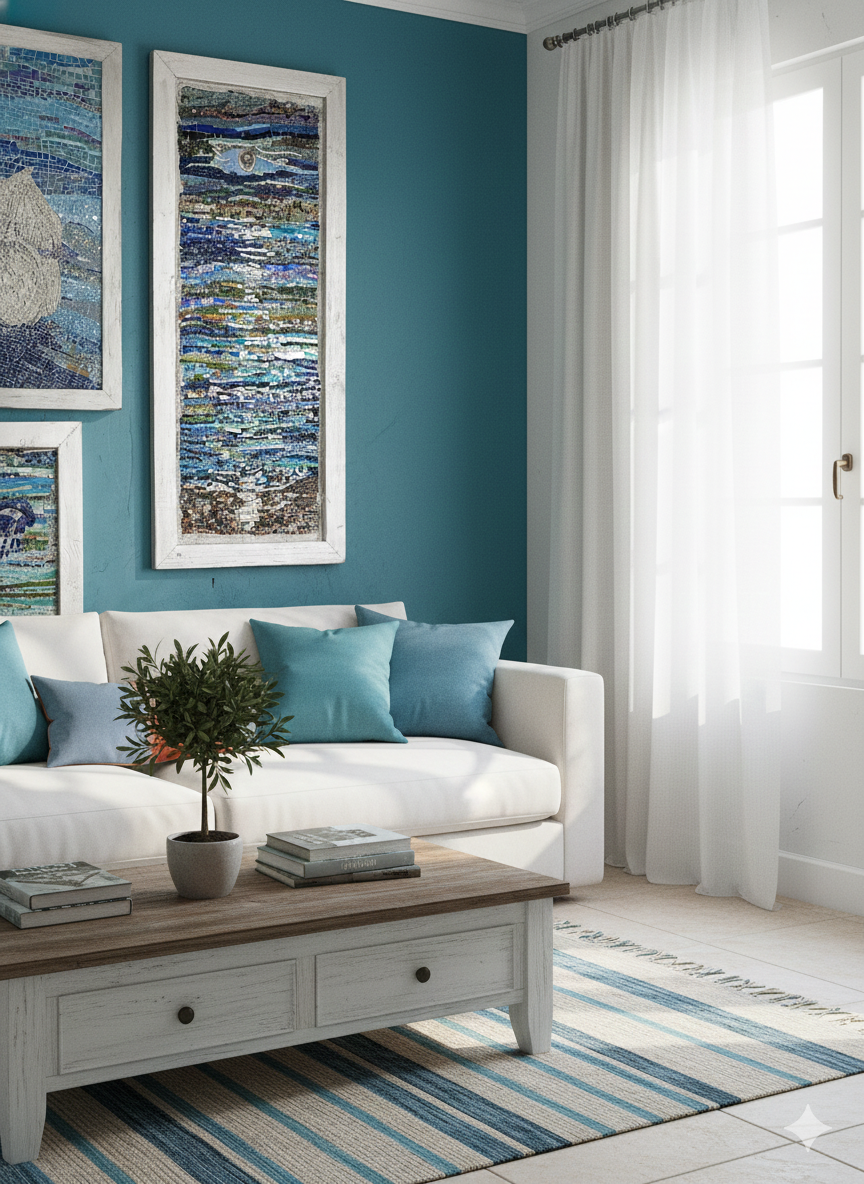 Mediterranean Coastal Mosaic Wall Art - Handcrafted Glass Tile Seascape