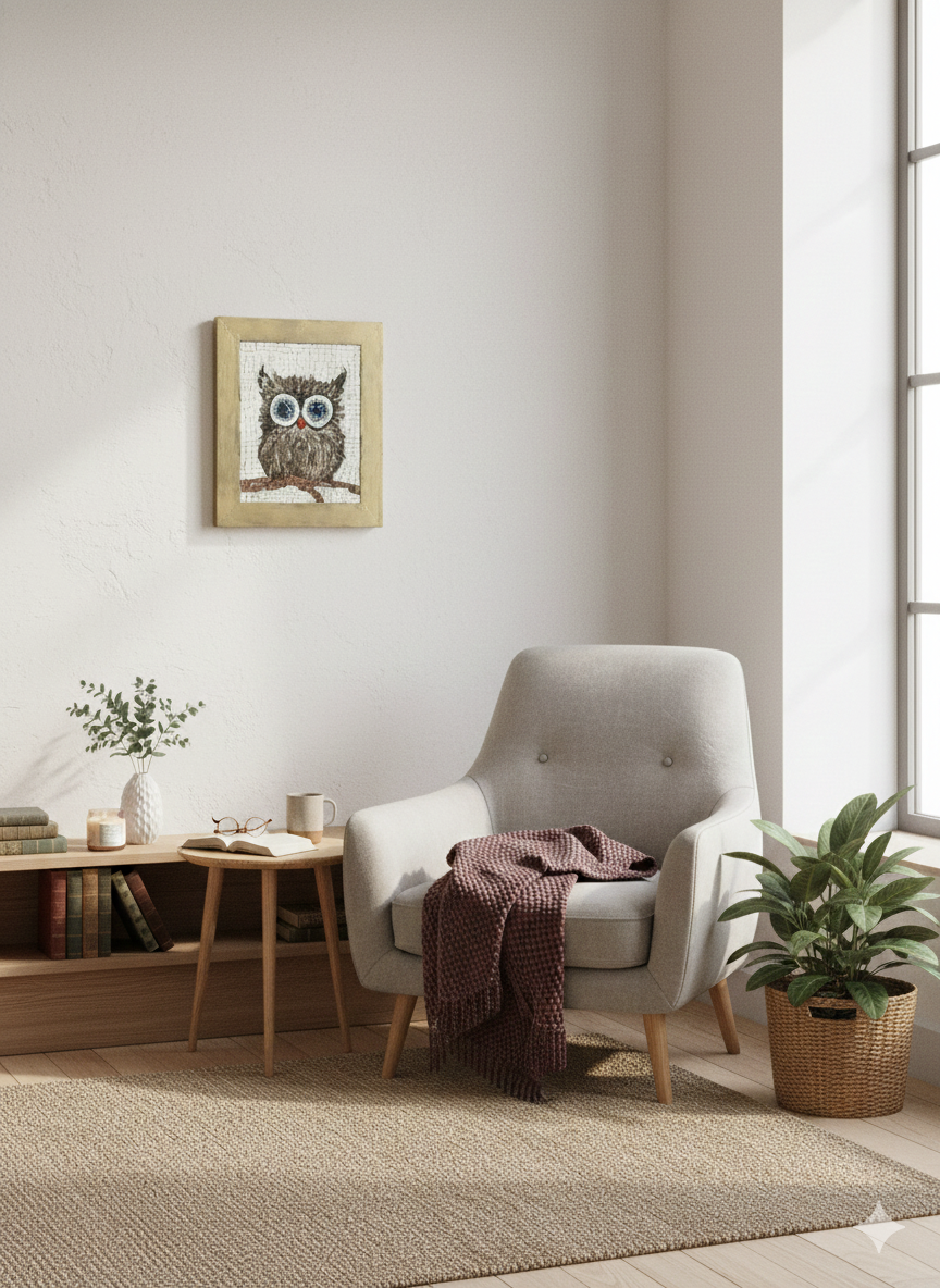 Owl Mosaic Wall Art - Handcrafted Mediterranean Wildlife