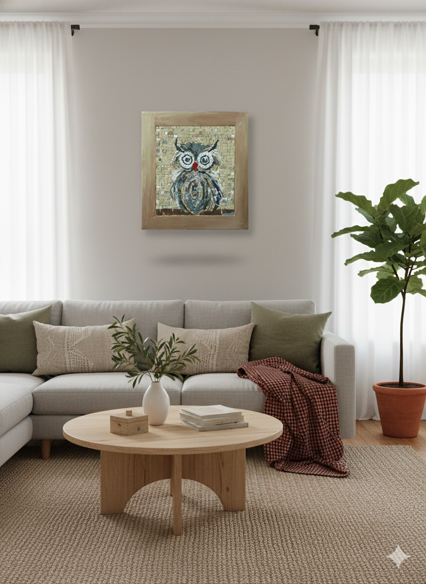 Owl Mosaic Wall Art - Handcrafted Mediterranean Wildlife
