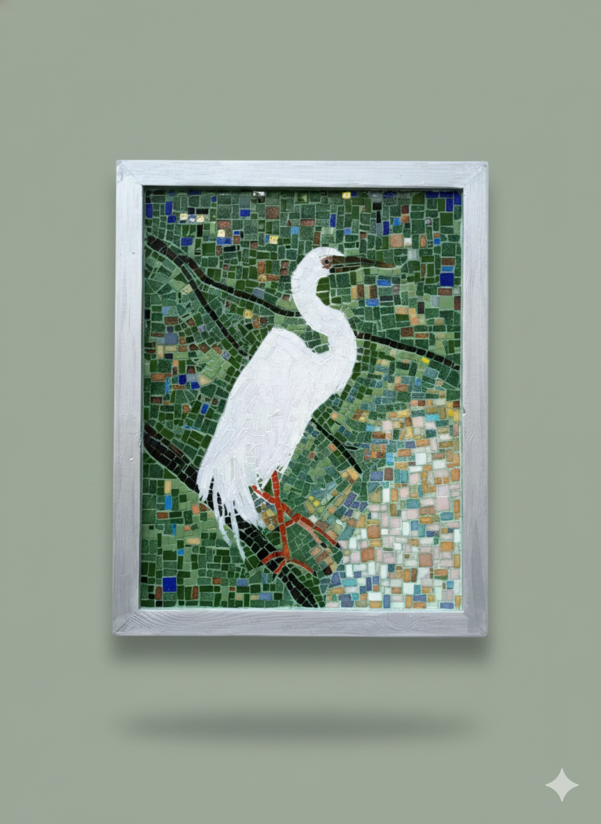 Handmade Mosaic Heron – Large Glass Wall Art