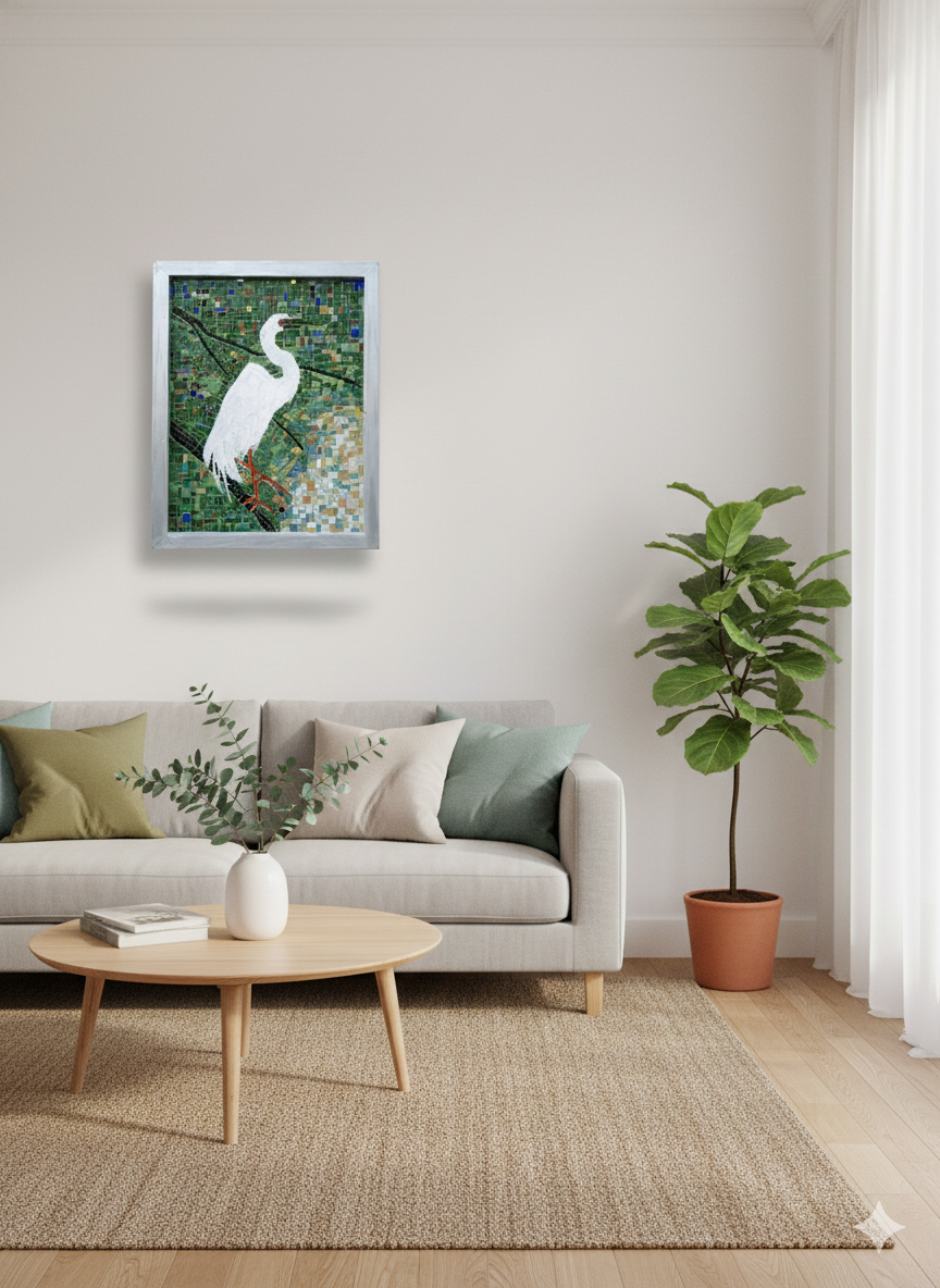 Handmade Mosaic Heron – Large Glass Wall Art