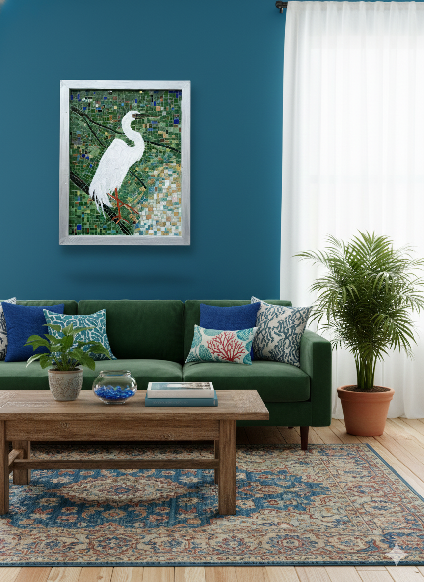 Handmade Mosaic Heron – Large Glass Wall Art